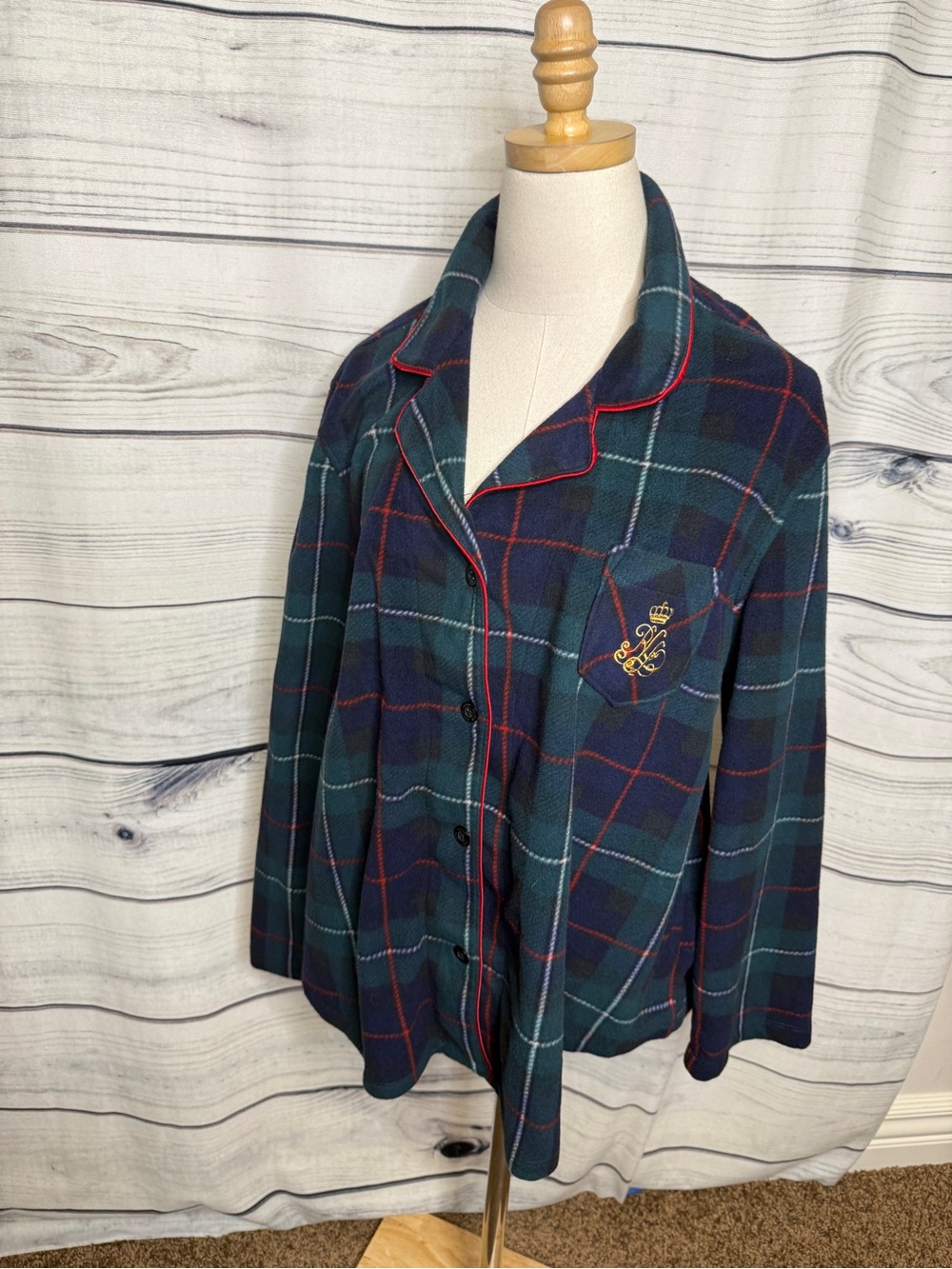 Lauren Ralph Lauren Navy & Green Plaid Pajama Set with Red Piping